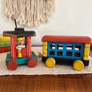 Vintage Fisher Price Huffy Puffy Wood Train Cars: Caboose & Cage Car (3759)